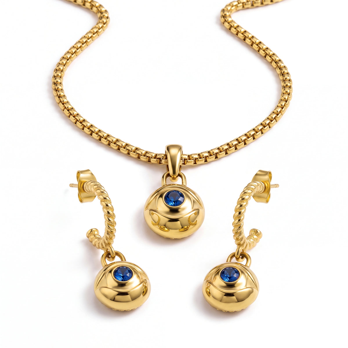 Alison Mariot Blue evil eye necklace and earrings with blue crystals — front view