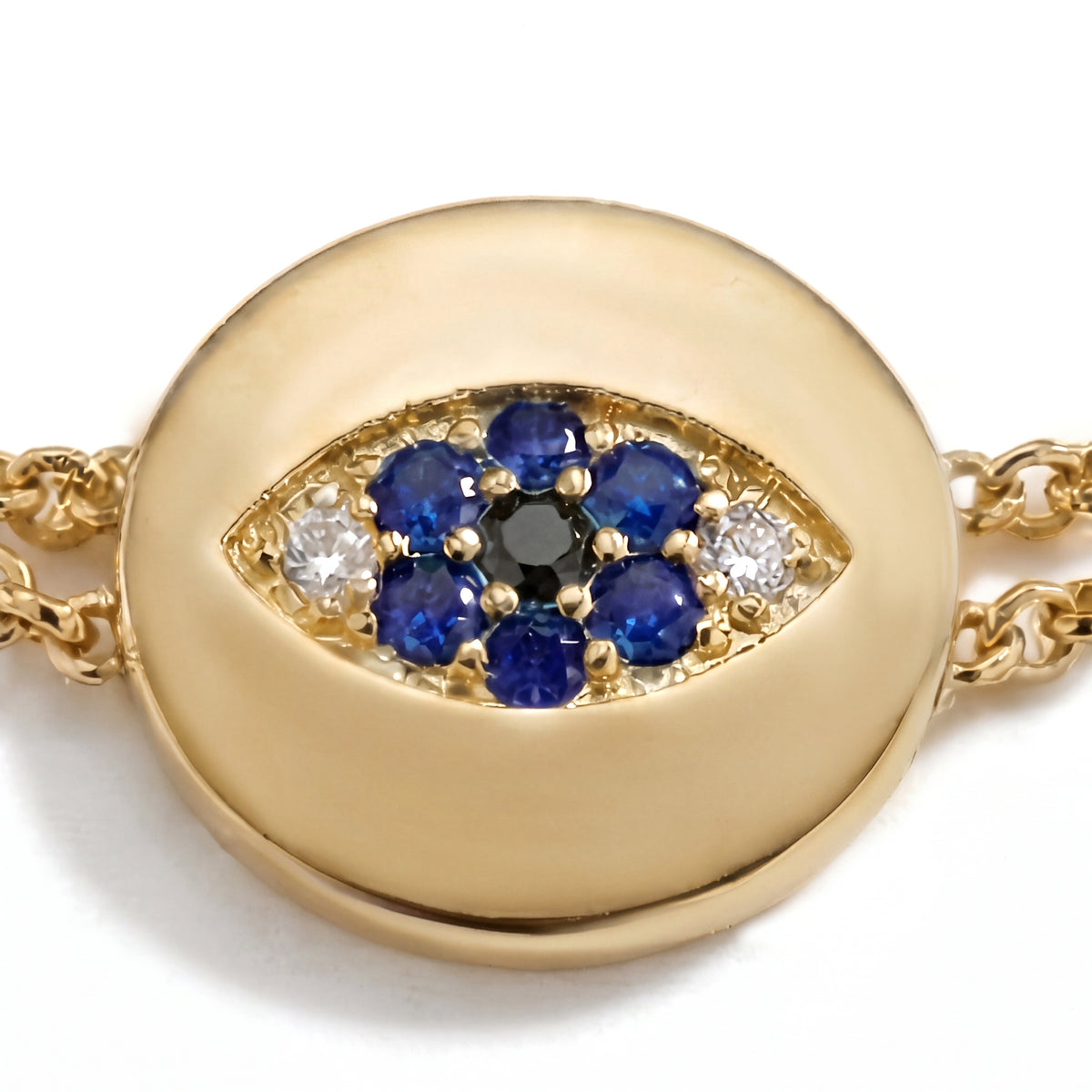 Alison Mariot Eternal Blue evil eye bracelet — close-up of the crystal eye medallion