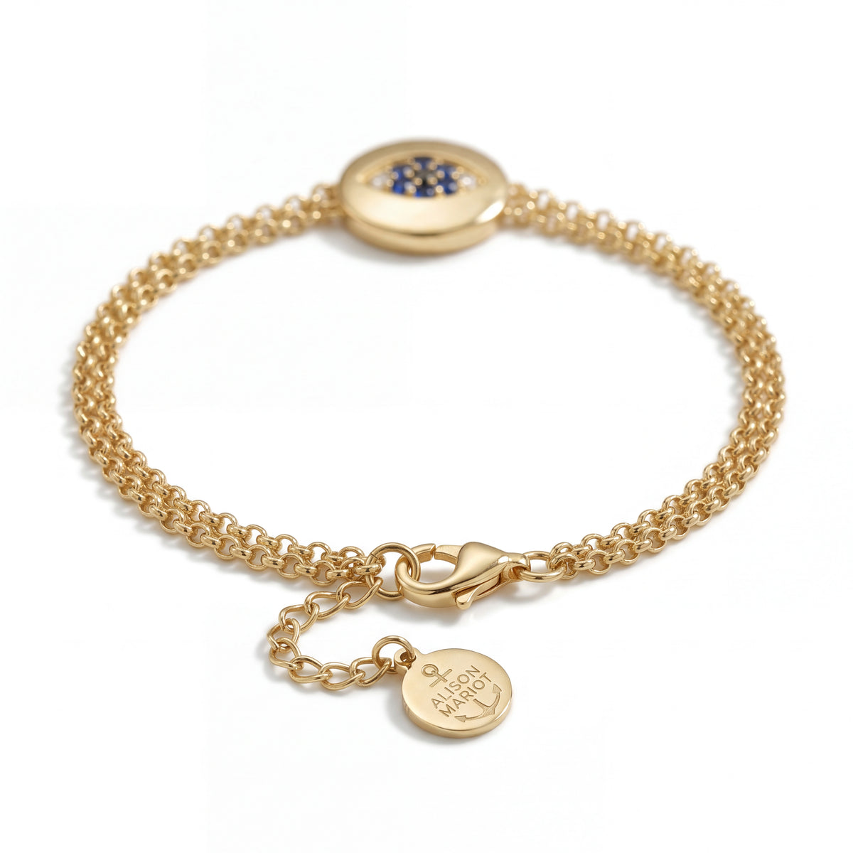 Alison Mariot Eternal Blue evil eye bracelet — clasp and engraved logo tag
