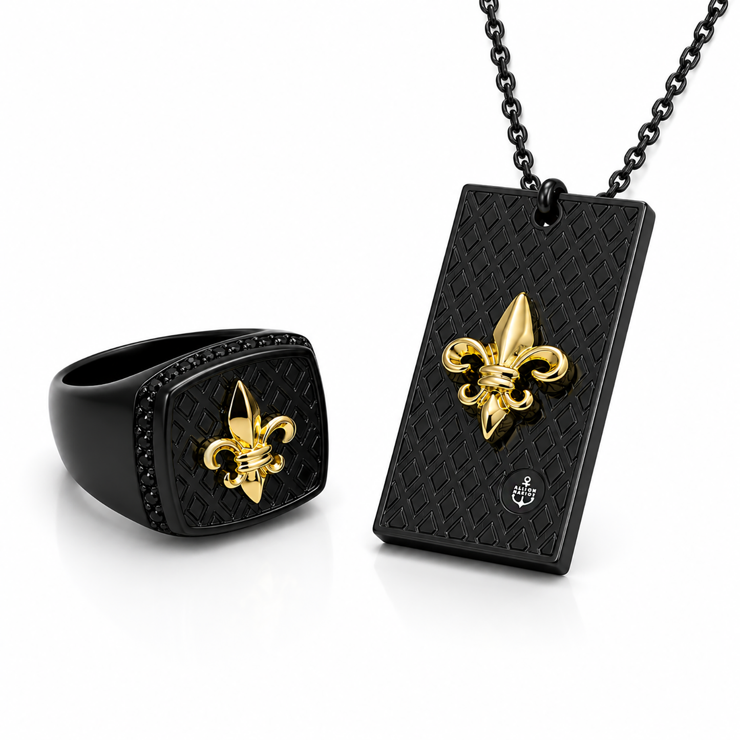 Alison Mariot fleur-de-lis ring and necklace in 316L steel with 18K gold PVD