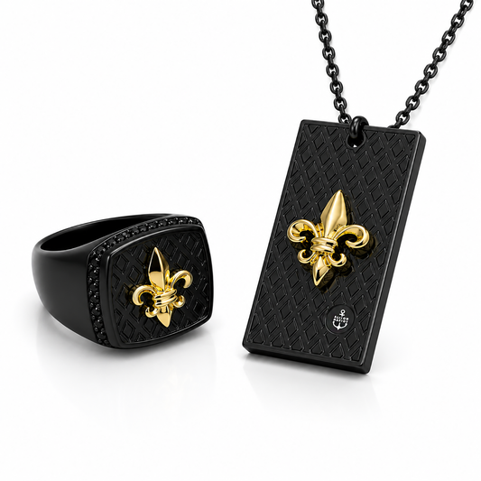 Alison Mariot fleur-de-lis ring and necklace in 316L steel with 18K gold PVD