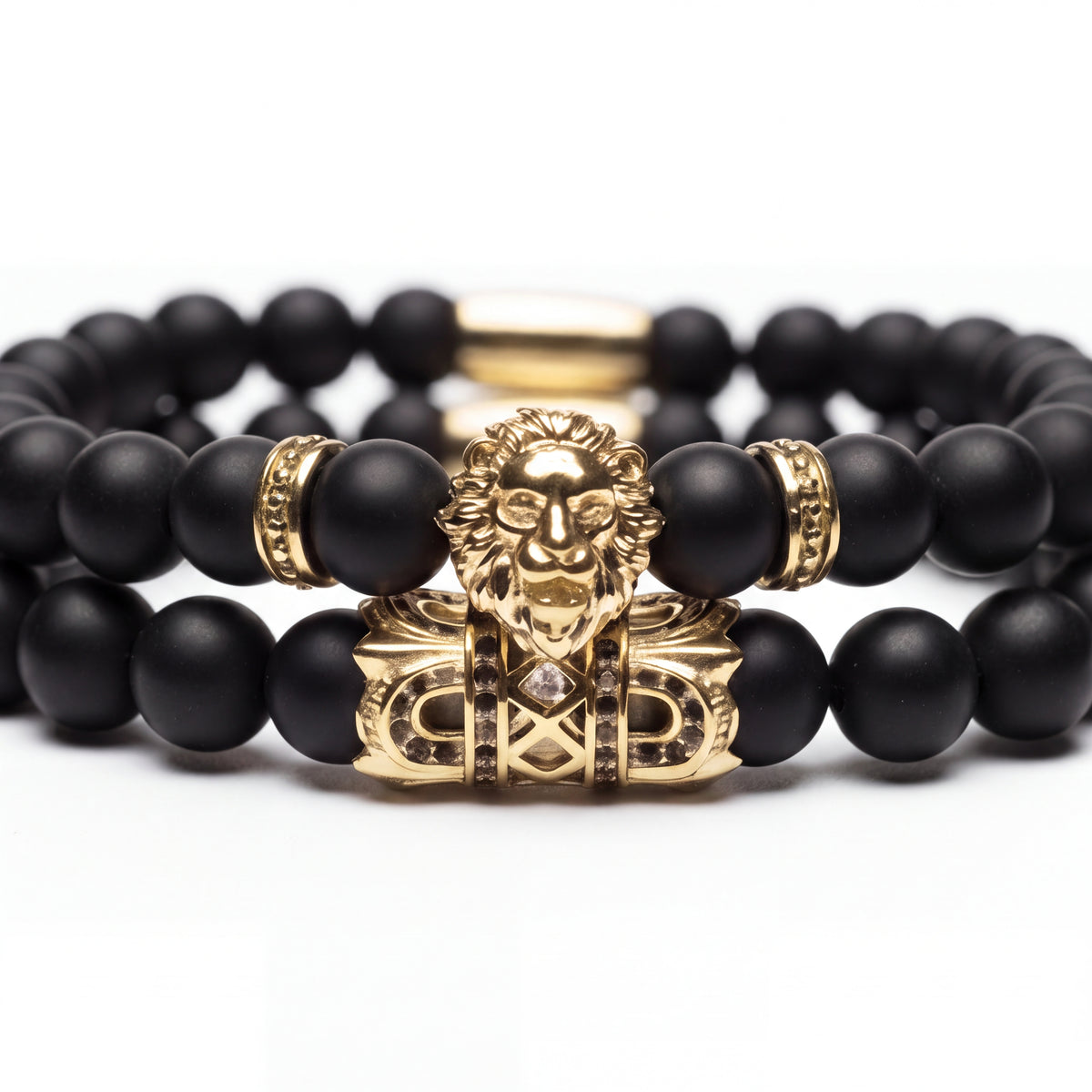 Alison Mariot beaded bracelet in natural matte black onyx with 18K gold PVD lion — front view