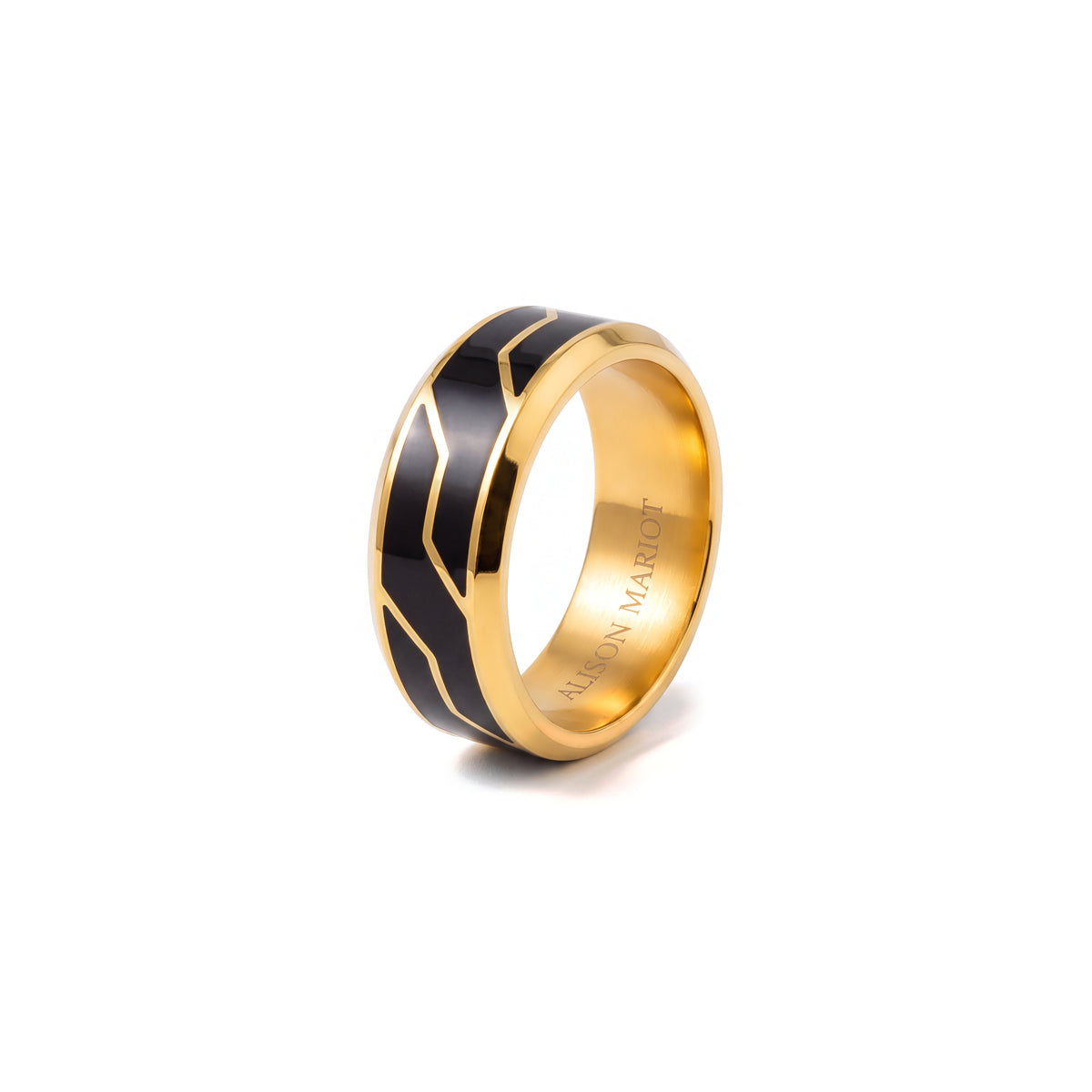 Alison Mariot UrbanTech ring in 316L steel with 18K gold PVD and black enamel — angled view