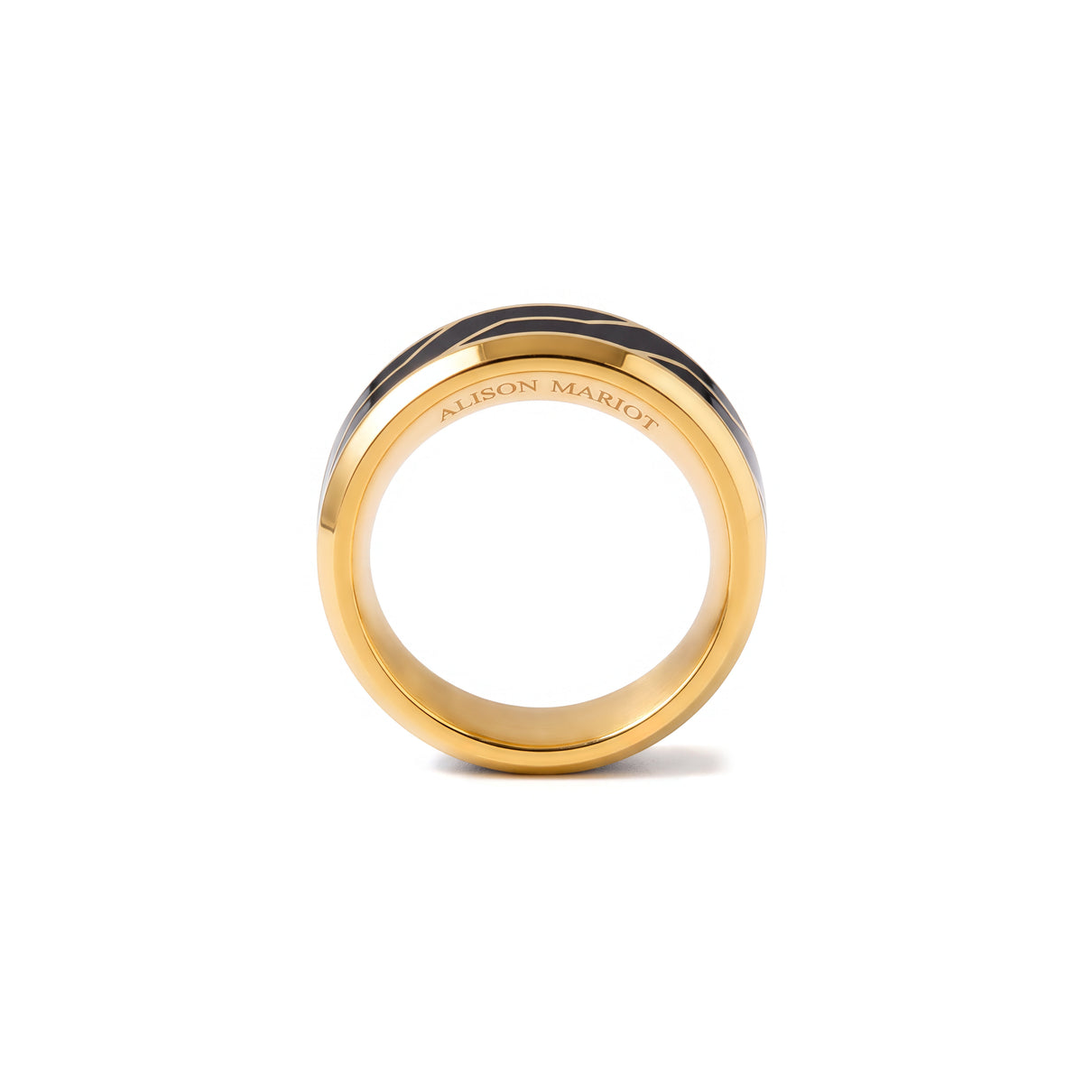 Alison Mariot UrbanTech ring in 316L steel with 18K gold PVD and black enamel — front view