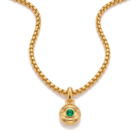 Alison Mariot Green Evil Eye Amulet necklace in 316L steel with 18K gold PVD and green Swarovski crystals — front view