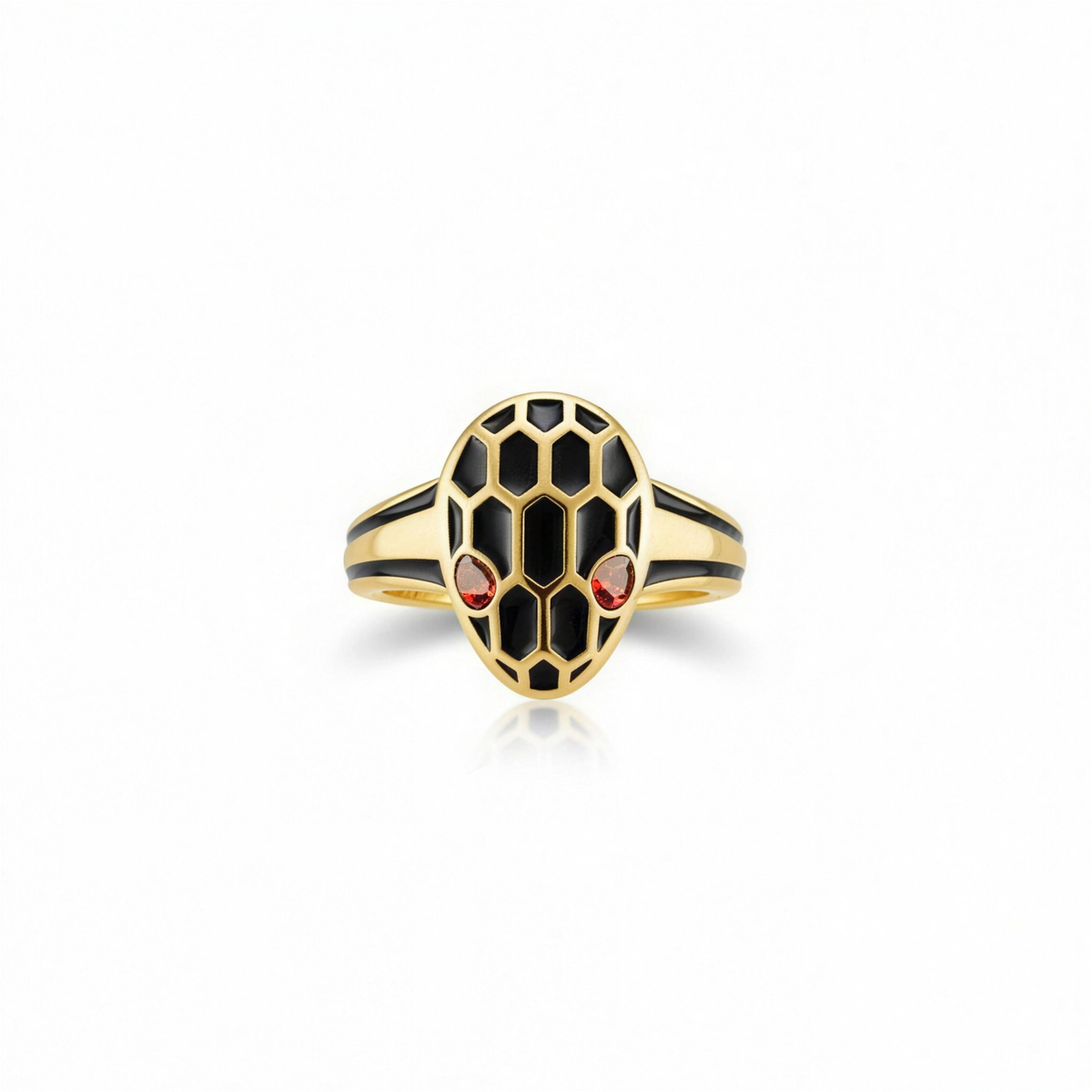 Alison Mariot Rouge Serpentine snake ring in 316L steel with 18K gold PVD and red Swarovski crystals