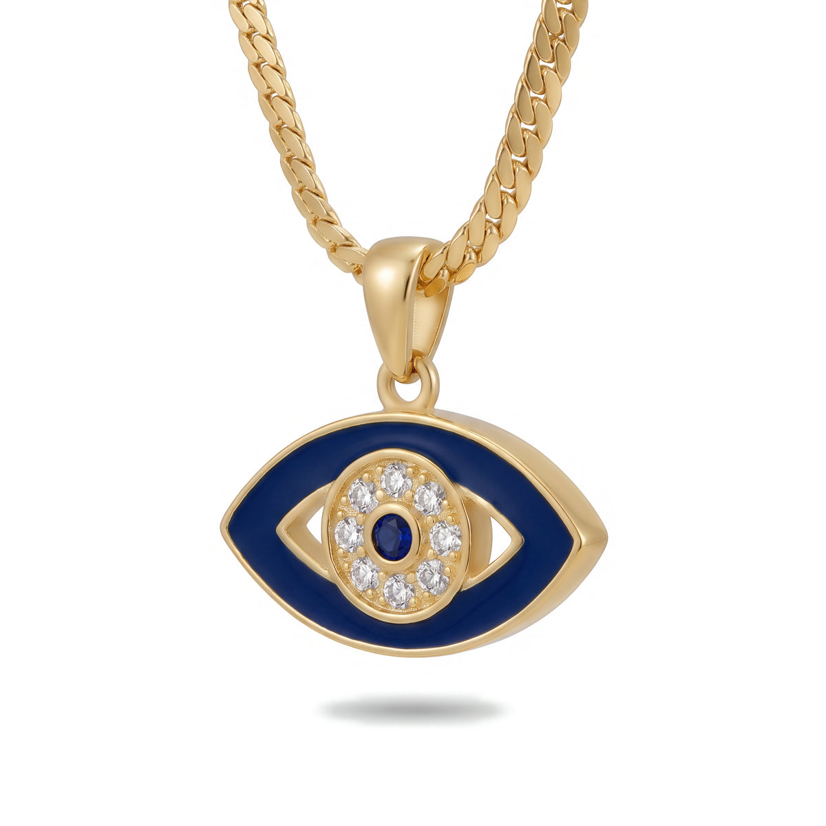 Alison Mariot Iconic evil eye necklace in 18K gold vermeil with white and blue Swarovski crystals — angled view