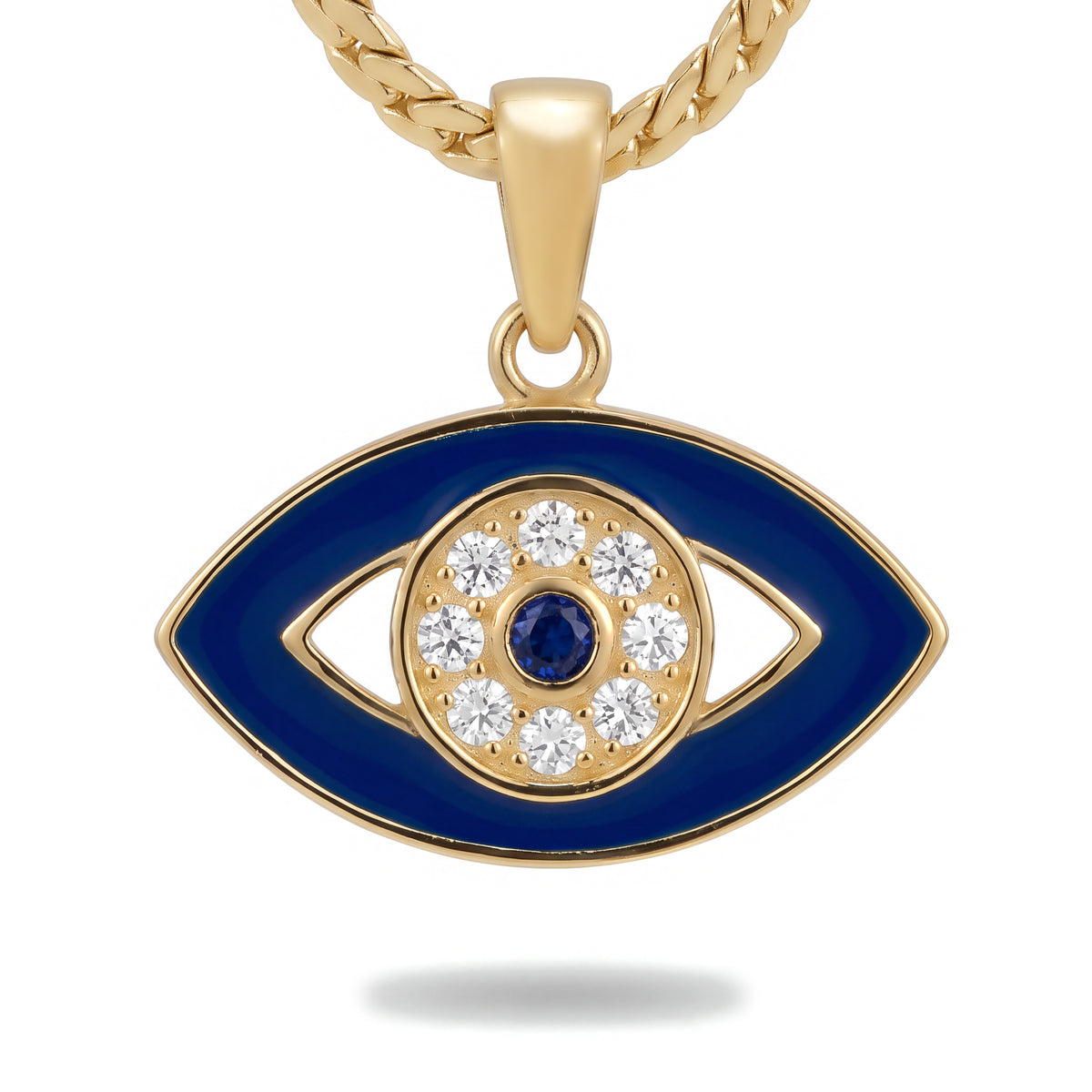 Alison Mariot Iconic evil eye necklace — close-up of the crystal evil eye pendant