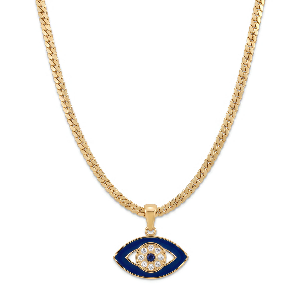 Alison Mariot Iconic evil eye necklace in 18K gold vermeil with white and blue Swarovski crystals — front view