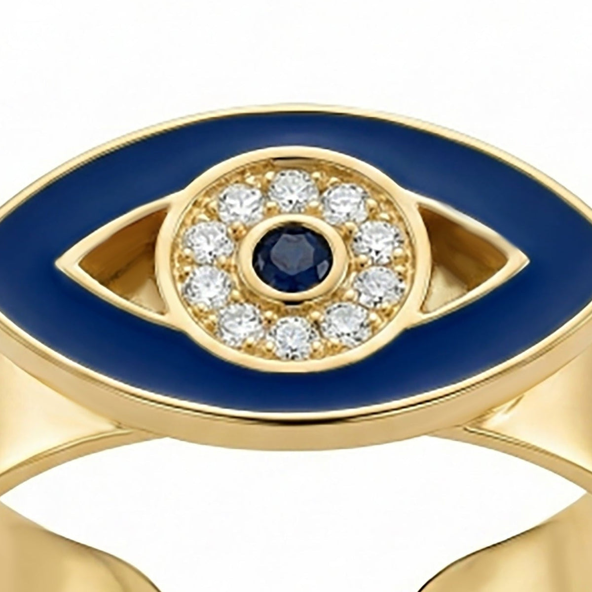 Alison Mariot Iconic evil eye ring — close-up of the blue enamel eye with white and blue Swarovski crystals