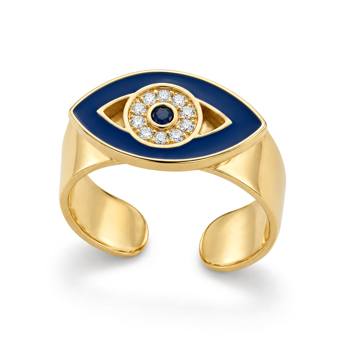 Alison Mariot Iconic evil eye ring in 18K gold vermeil with white and blue Swarovski crystals — three-quarter view