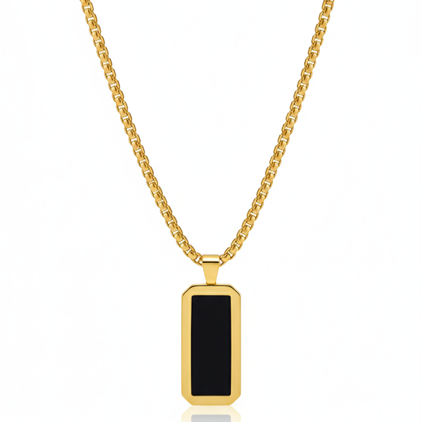 Alison Mariot box chain necklace in 316L steel with 18K gold PVD and natural black onyx