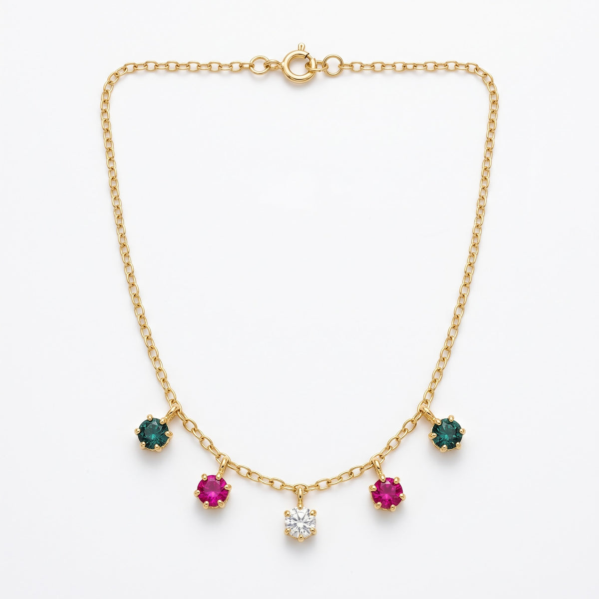 Alison Mariot THALIA necklace in 18K gold vermeil with five natural stones in green, rose and clear tones