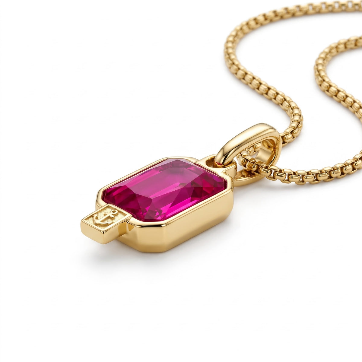 Alison Mariot ELAINE ROUGE necklace — angled view of the emerald-cut Swarovski crystal and anchor emblem