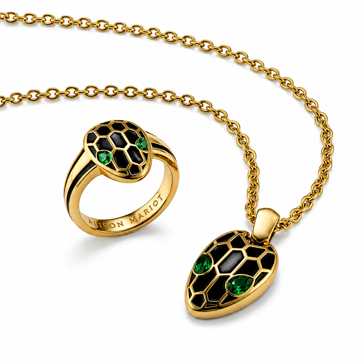 Alison Mariot Serpentine snake ring and necklace in 18K gold PVD with emerald Swarovski crystals