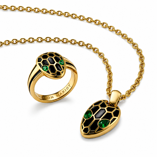Alison Mariot Serpentine snake ring and necklace in 18K gold PVD with emerald Swarovski crystals