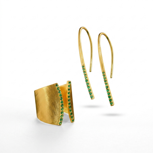Alison Mariot Selenis Aurora ring and earrings in 18K gold vermeil with green Swarovski crystals