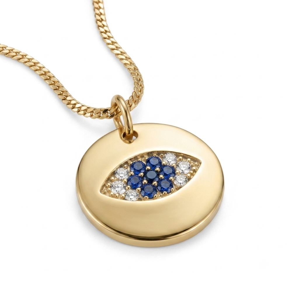 Alison Mariot evil eye necklace in 18K gold vermeil with blue Swarovski crystals — alternate view