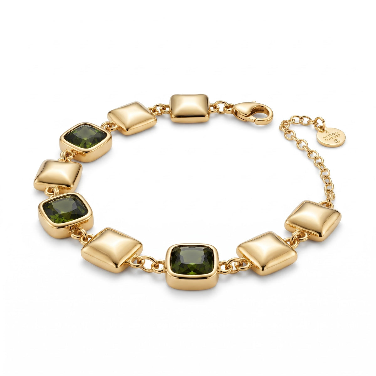 Alison Mariot VERDÉA bracelet in 18K gold vermeil with natural green tourmaline — angled view