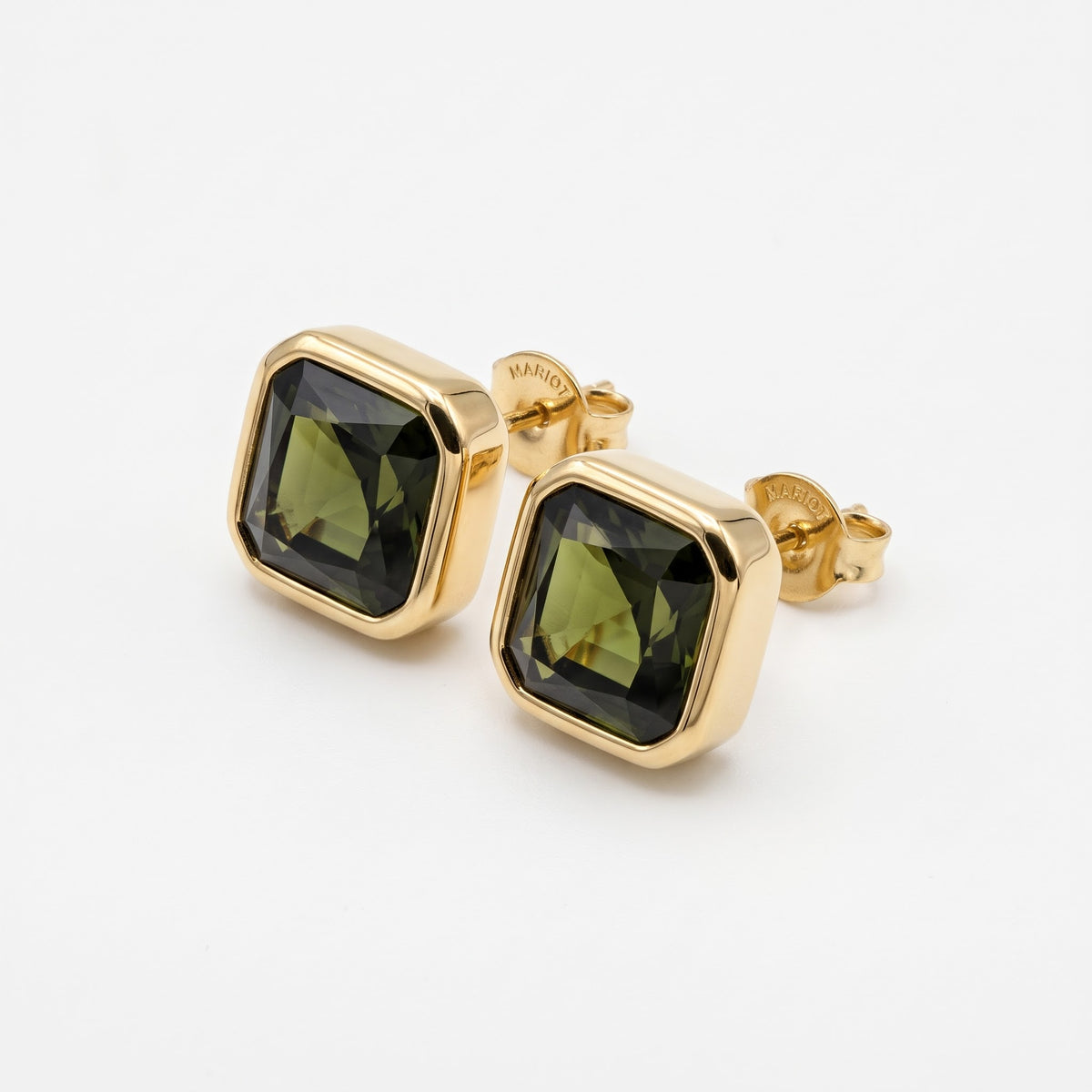 Alison Mariot VERDÉA earrings in 18K gold vermeil with natural green tourmaline — angled view