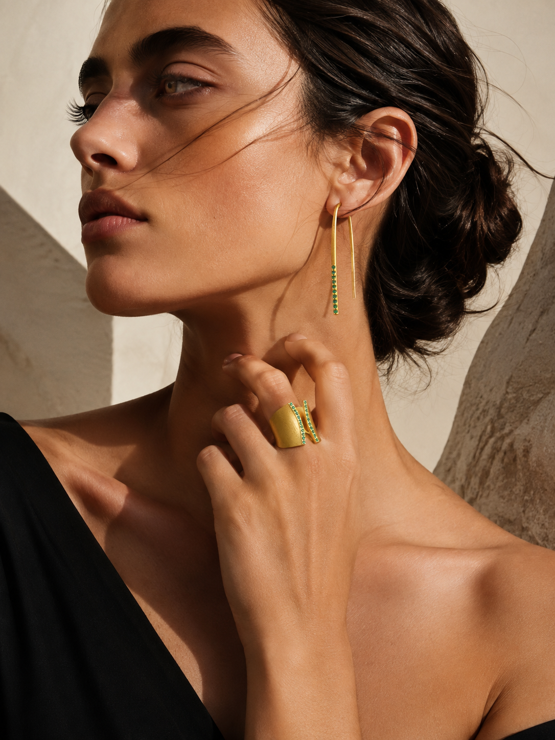 Alison Mariot Selenis Aurora ring and earrings in 18K gold vermeil with green Swarovski crystals — alternate view