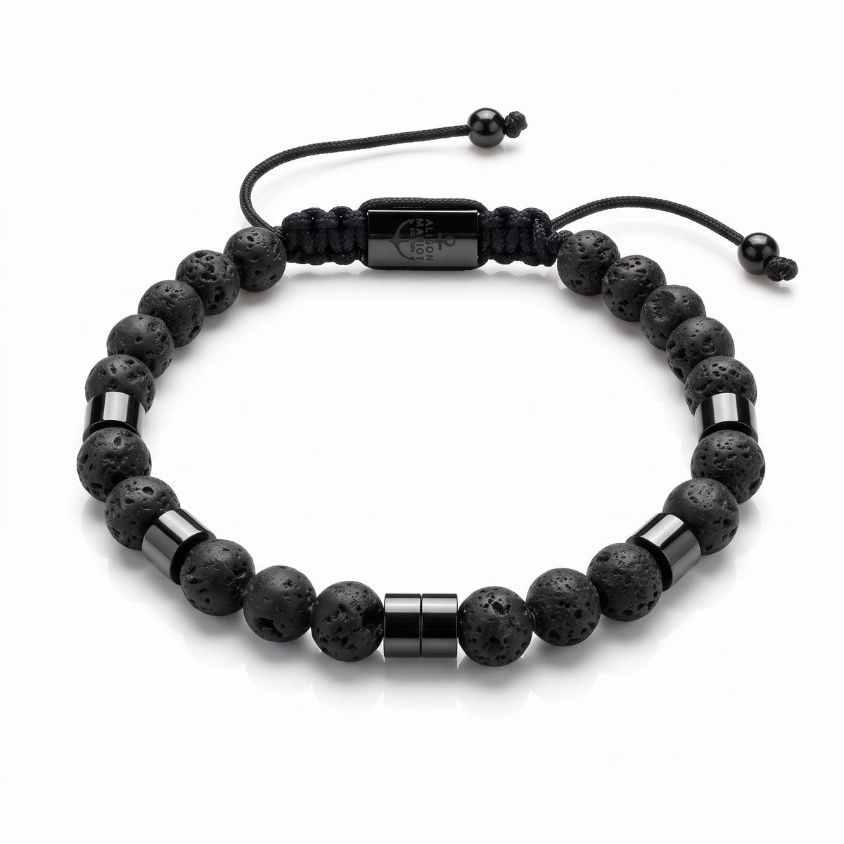 Alison Mariot Essential Vulcan Black, beaded bracelet in natural volcanic stone with black-plated titanium — angled view