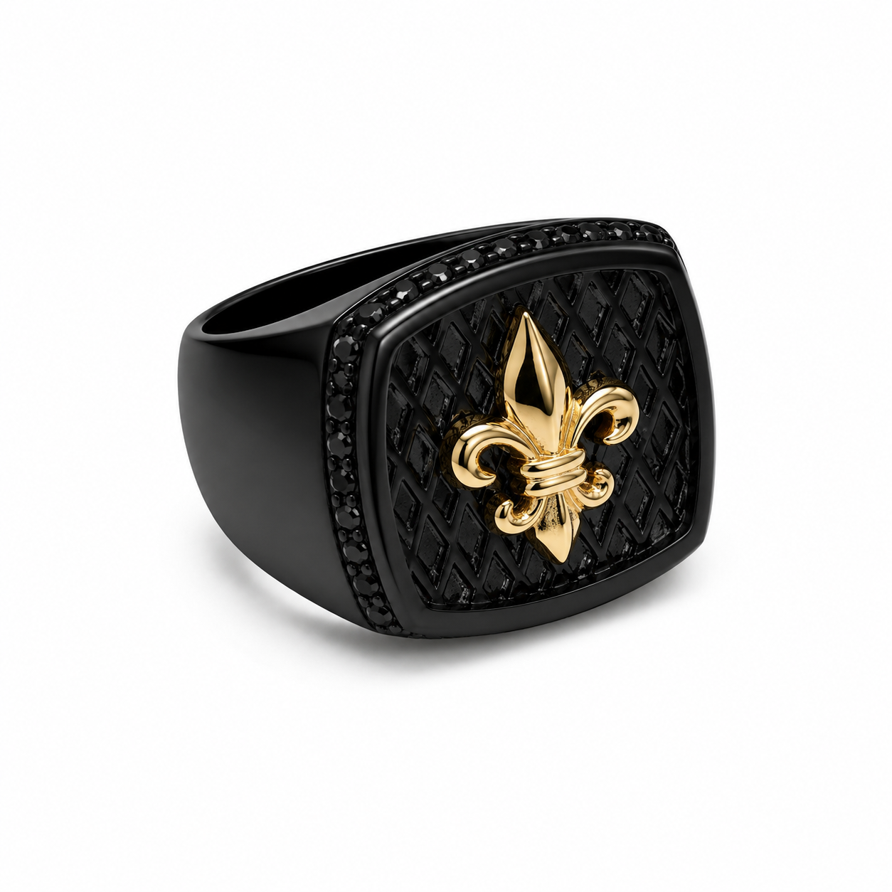 Alison Mariot fleur-de-lis ring in 316L steel with black rhodium and 18K gold PVD emblem