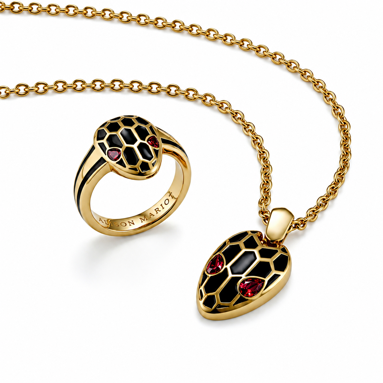 Alison Mariot Serpentine snake ring and necklace in 18K gold PVD with rouge Swarovski crystals