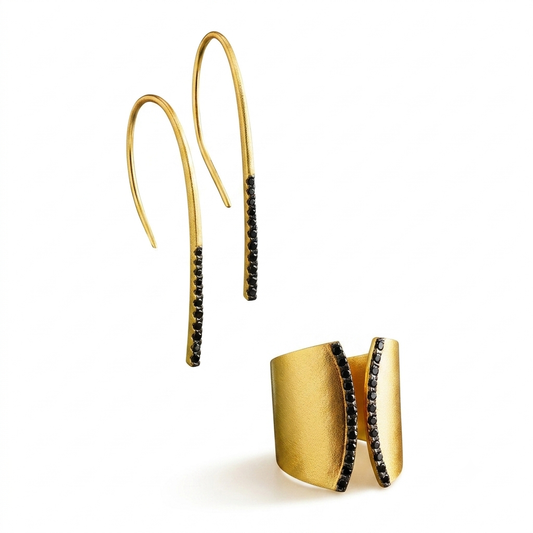 Alison Mariot Selenis Eclipse ring and earrings in 18K gold vermeil with black Swarovski crystals