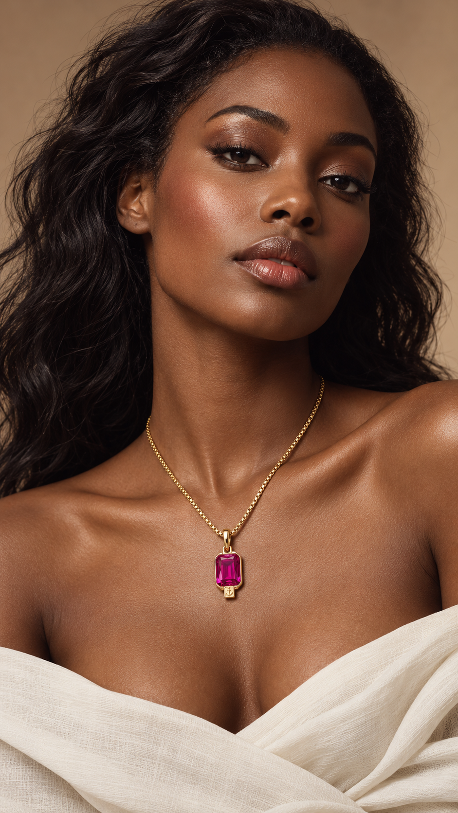 Model wearing the Alison Mariot ELAINE ROUGE necklace with rouge Swarovski crystal on a 60 cm box chain