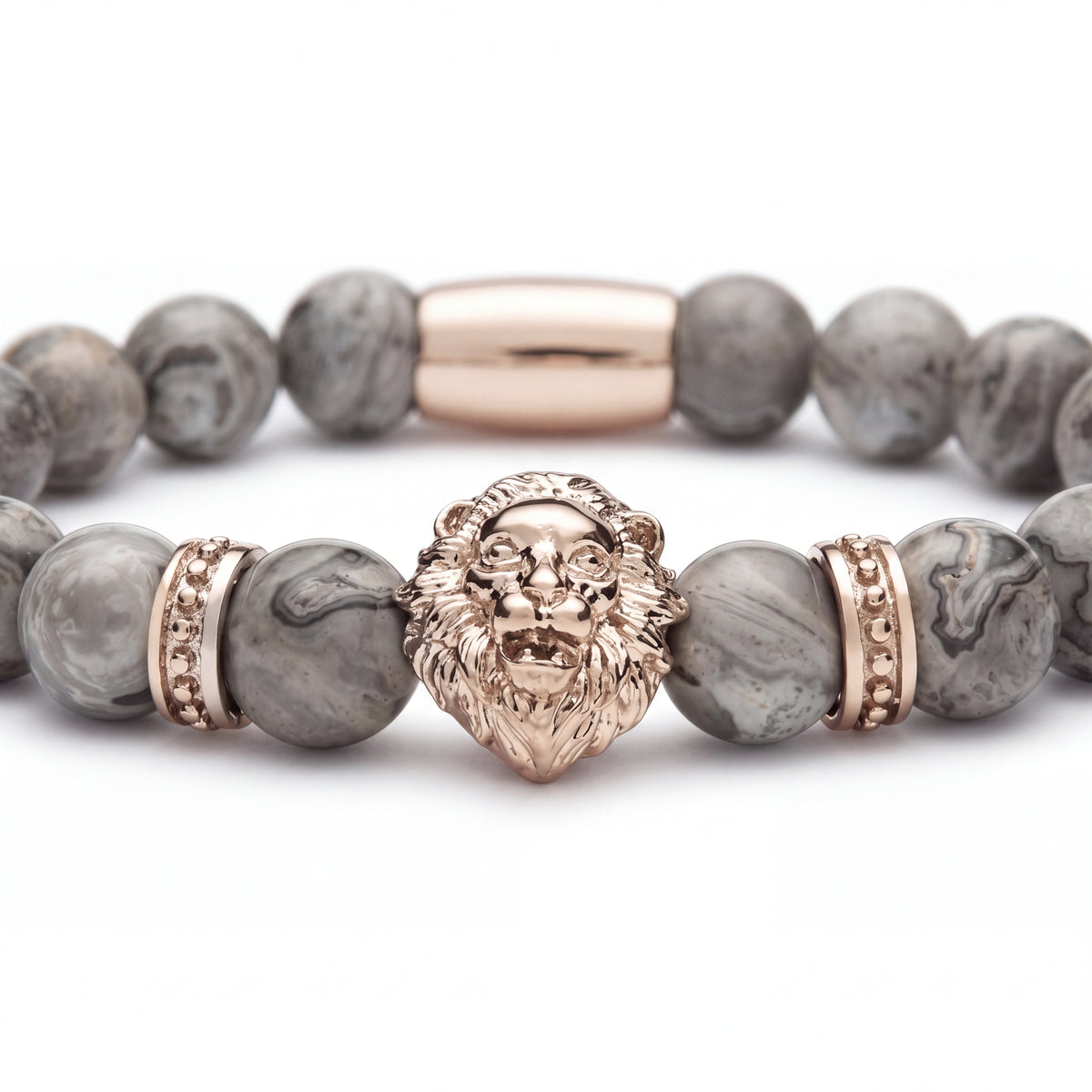 Alison Mariot beaded bracelet in natural grey jasper with rose gold PVD lion — front view