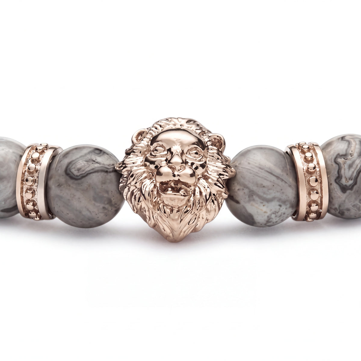 Alison Mariot grey jasper bracelet — close-up of the rose gold lion