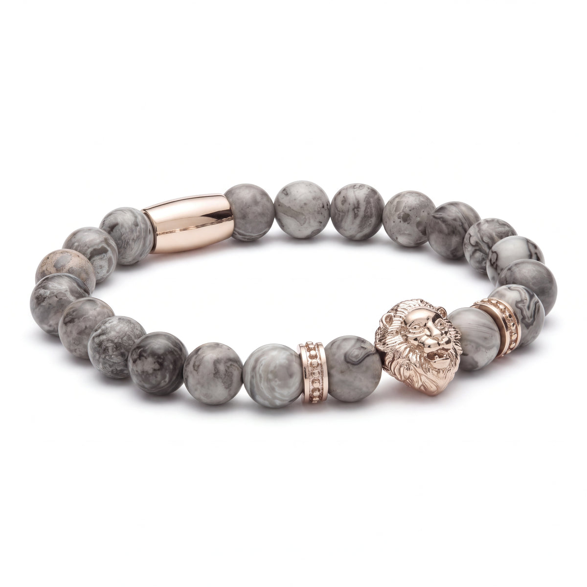 Alison Mariot beaded bracelet in natural grey jasper with rose gold PVD lion — angled view