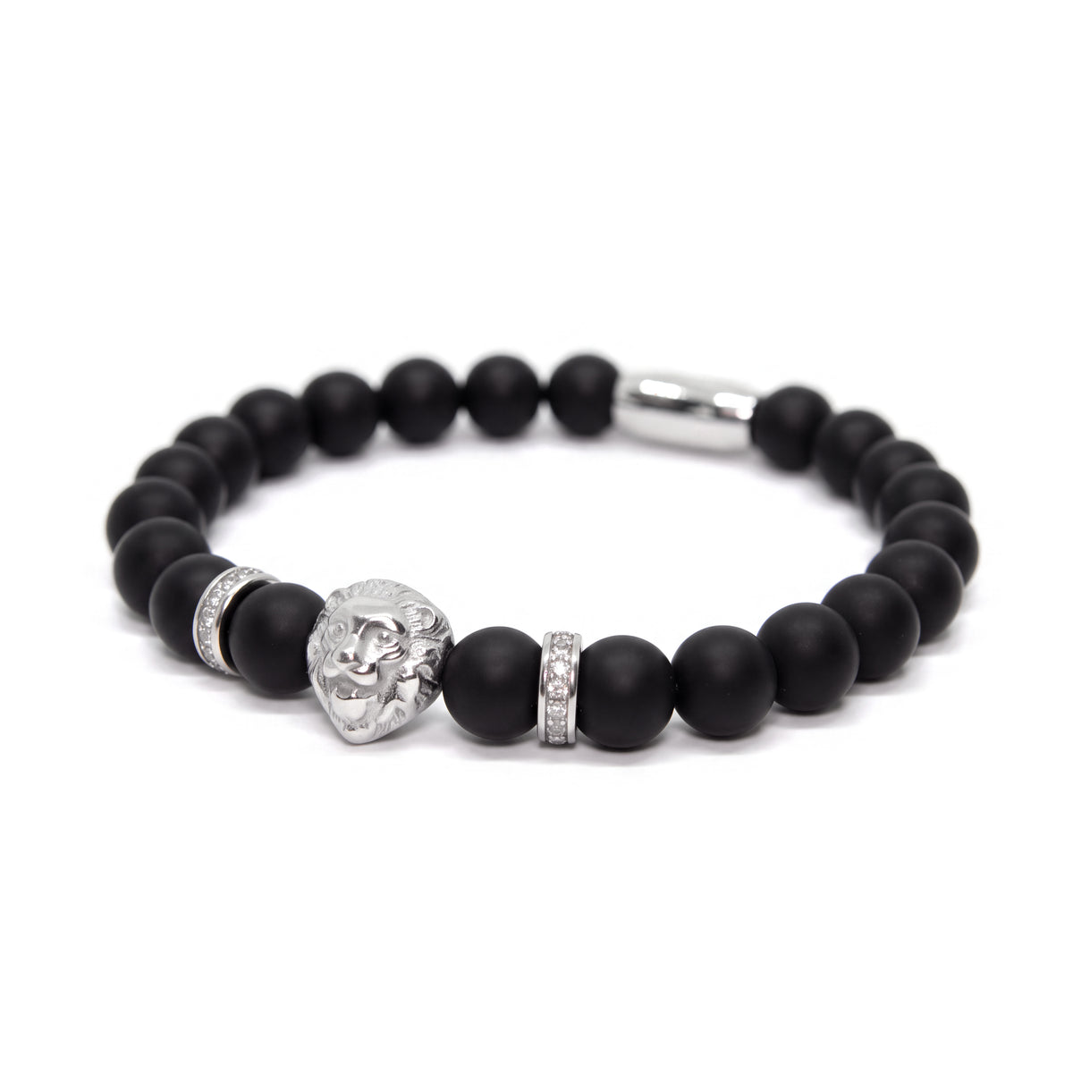 Alison Mariot Silver Matte Lion bracelet with matte onyx beads — angled view