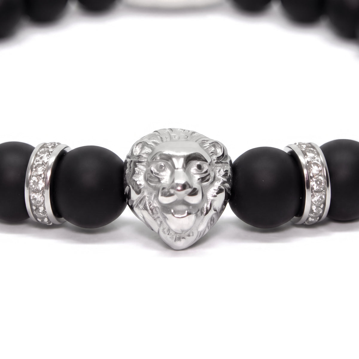 Alison Mariot Silver Matte Lion bracelet — close-up of the silver lion head and crystal spacers
