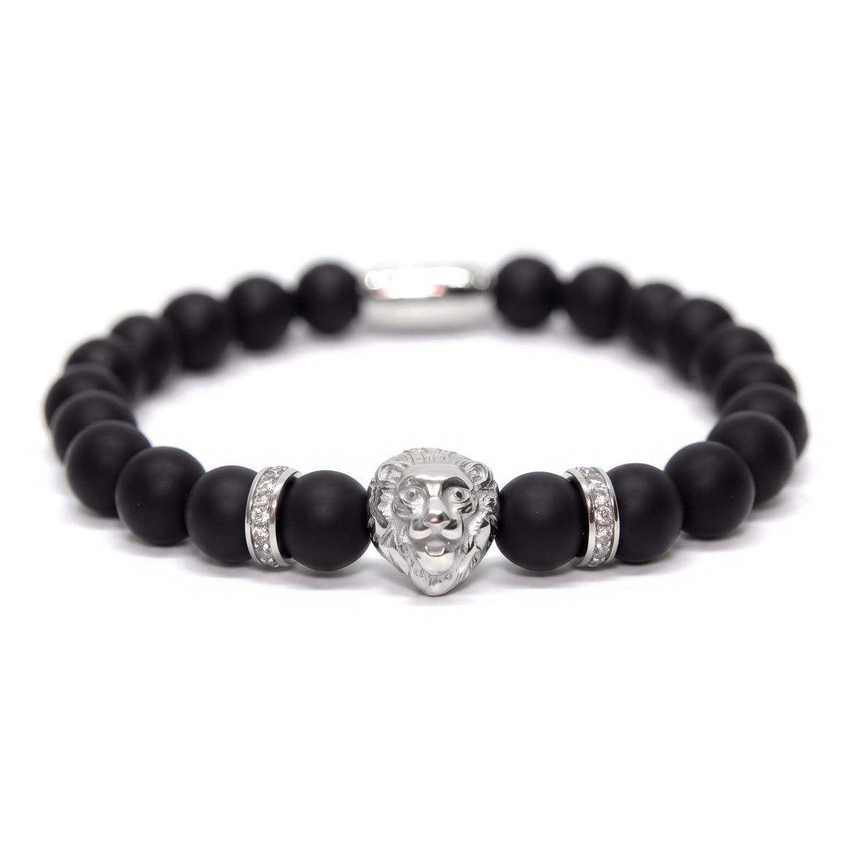 Alison Mariot Silver Matte Lion bracelet with matte onyx beads — front view