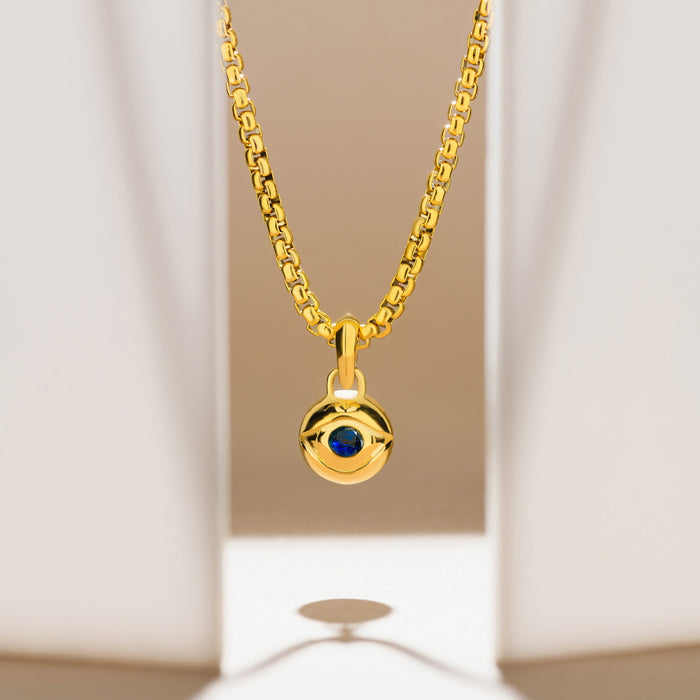 Alison Mariot evil eye pendant necklace in 316L steel with 18K gold PVD and blue Swarovski crystals