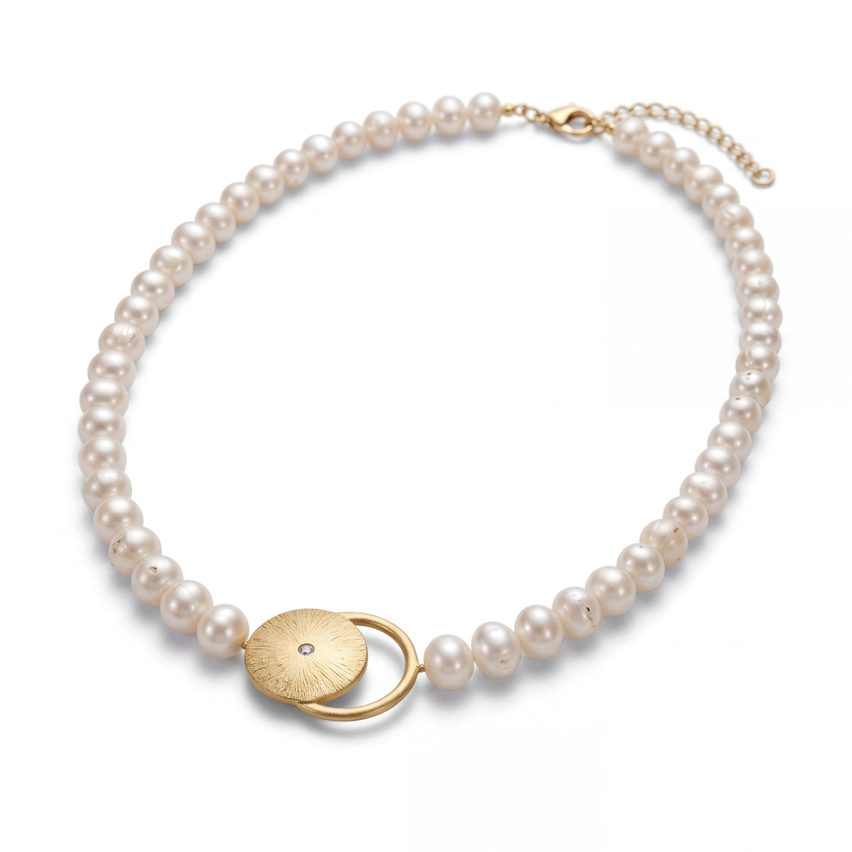 Alison Mariot Thaleli necklace in 18K gold vermeil with natural pearl — angled view